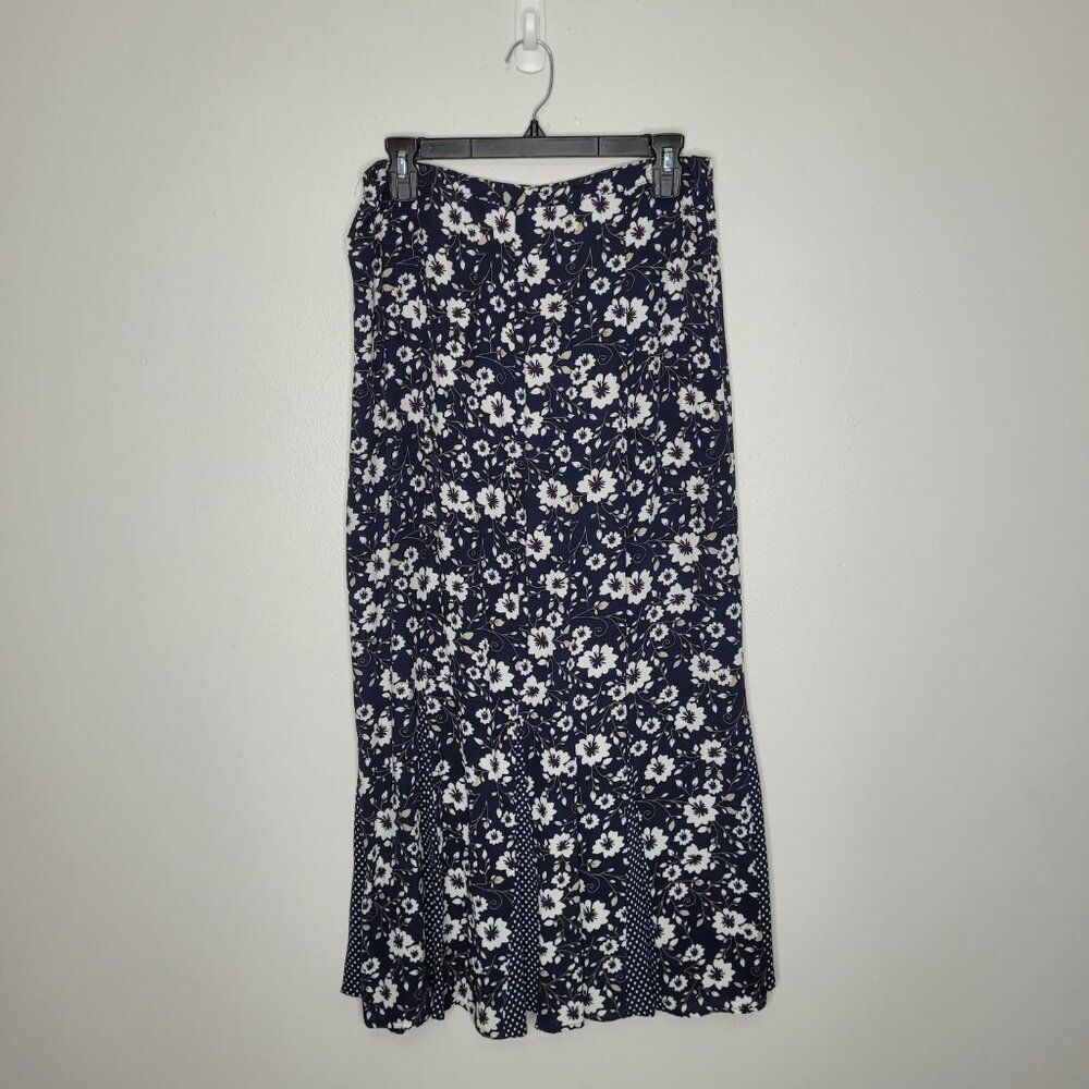Vintage y2k blue white floral mixed print polka dot trumpet maxi skirt size 10 - Picture 1 of 7